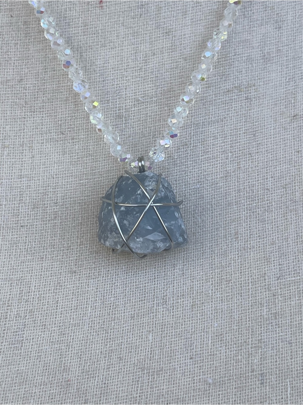 Raw Celestite Necklace Stainless Steel Hardware on White AB Glass Beaded Chain